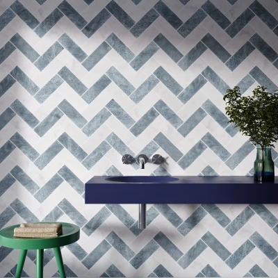 Ash Blue Herringbone Marble Tile Tumbled 100 x 305 x 10 (0)