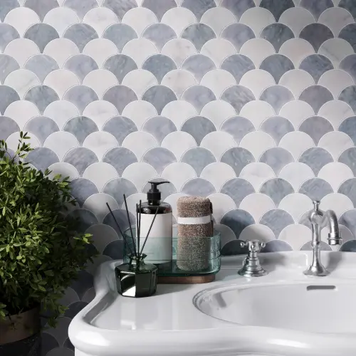 Carrara White - Ash Blue Scallop Shell Marble Mosaic Tile Honed 255 x 325 x 10 (0)