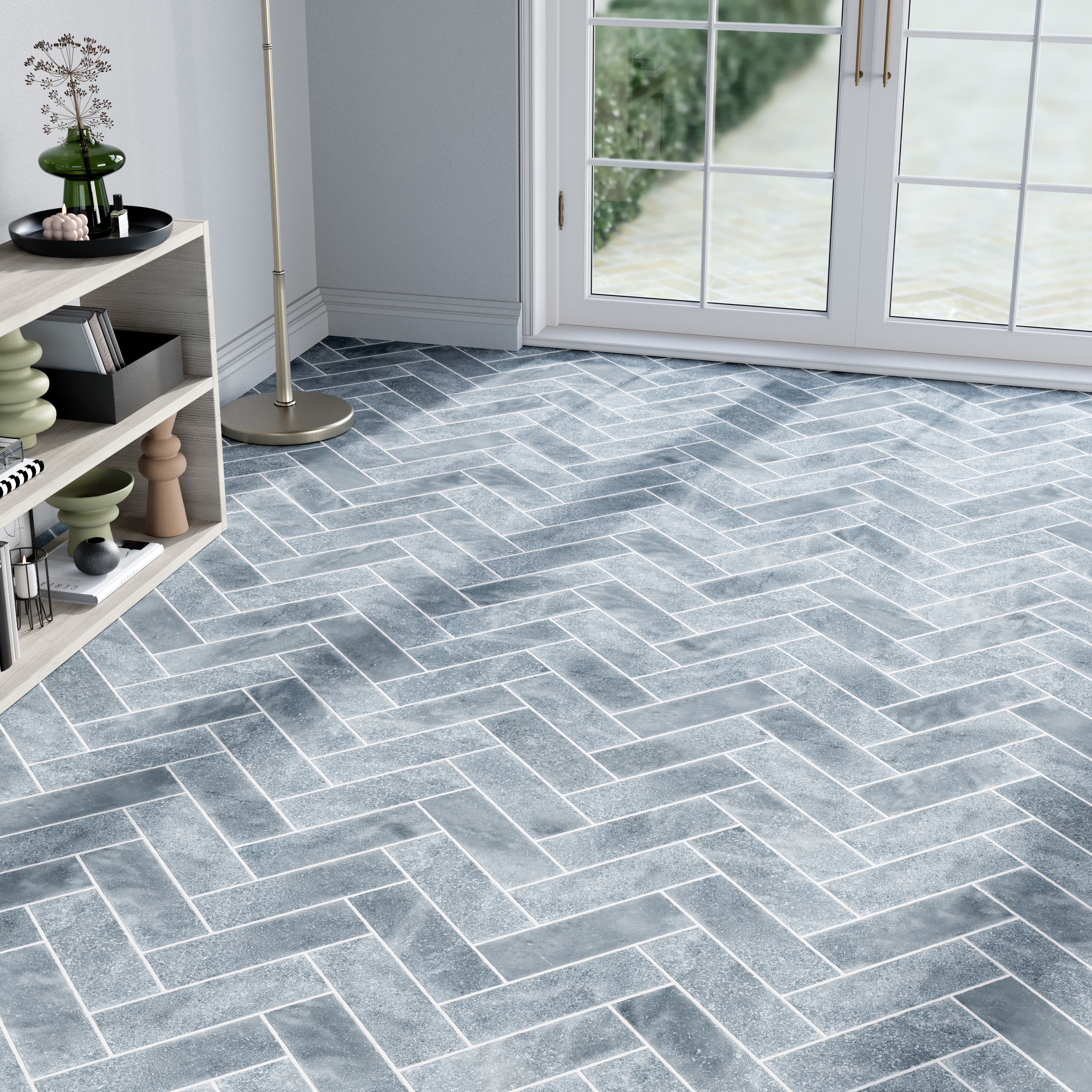 Ash Blue Herringbone Marble Tile Tumbled 100 x 305 x 10 (0)