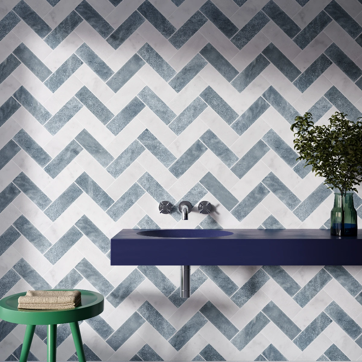 Ash Blue Herringbone Marble Tile Tumbled 100 x 305 x 10 (0)