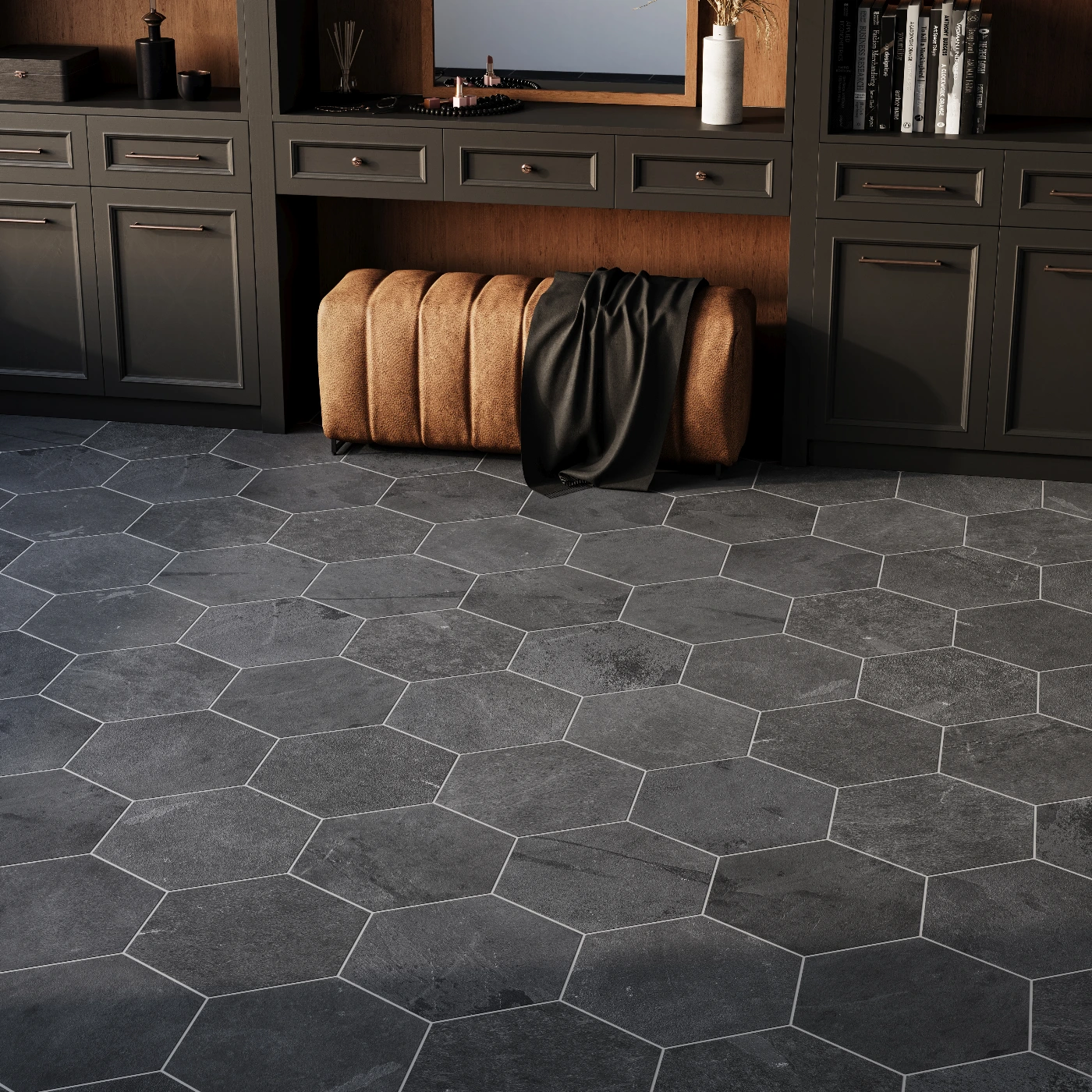 Brazilian Black Hexagon Slate Tile Riven Surface 15 cm (One Side) x 10 (0)
