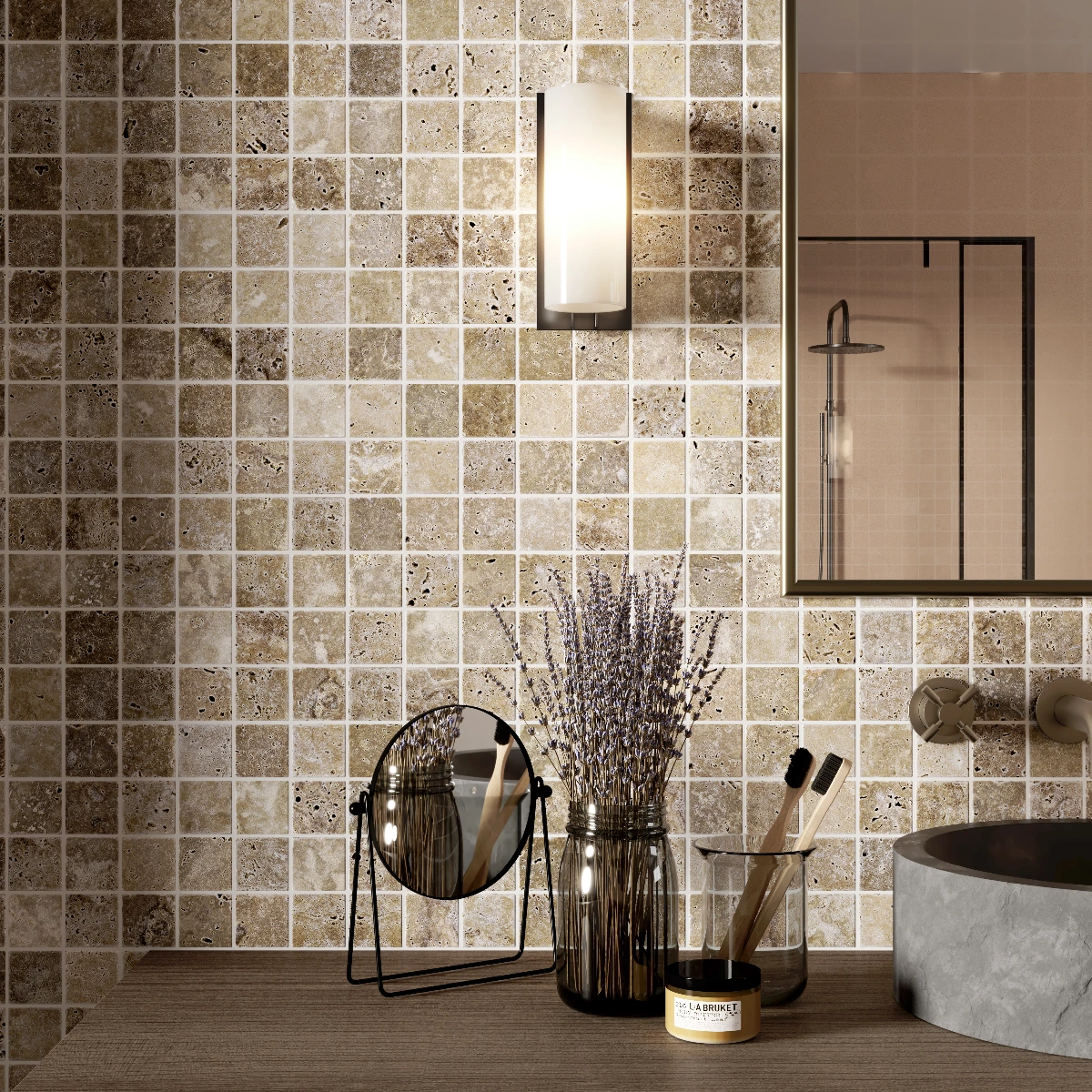 Siva Noce Travertine Mosaic Tile Unfilled & Tumbled Edge 48 x 48 (0)